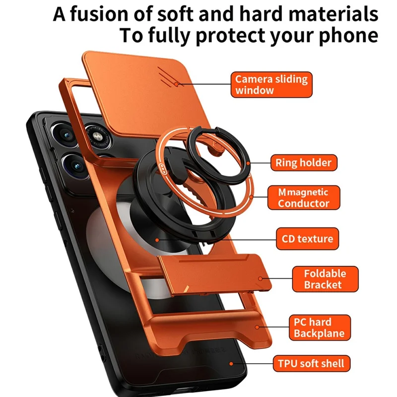 For Motorola Edge 60 Pro 5G Magnetic Case Ring Holder Foldable Kickstand TPU PC Phone Cover with Camera Lens Slider - Orange