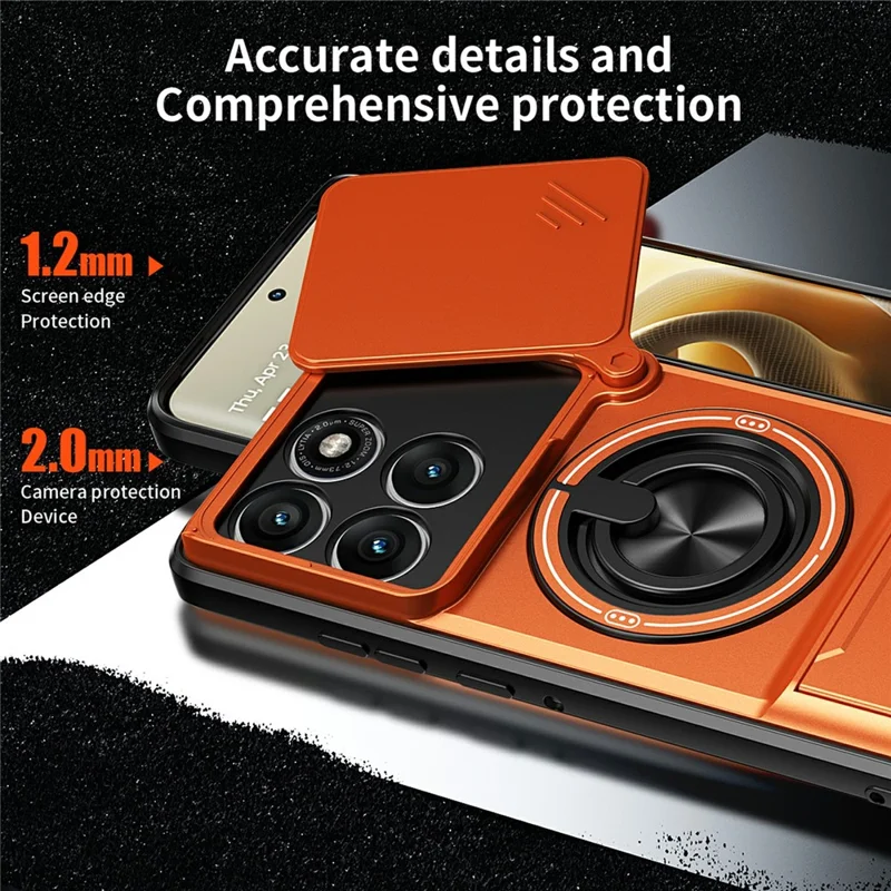 For Motorola Edge 60 Pro 5G Magnetic Case Ring Holder Foldable Kickstand TPU PC Phone Cover with Camera Lens Slider - Orange