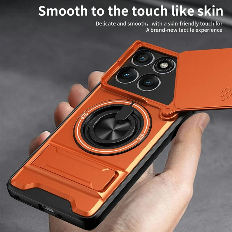 For Motorola Edge 60 Pro 5G Magnetic Case Ring Holder Foldable Kickstand TPU PC Phone Cover with Camera Lens Slider - Orange