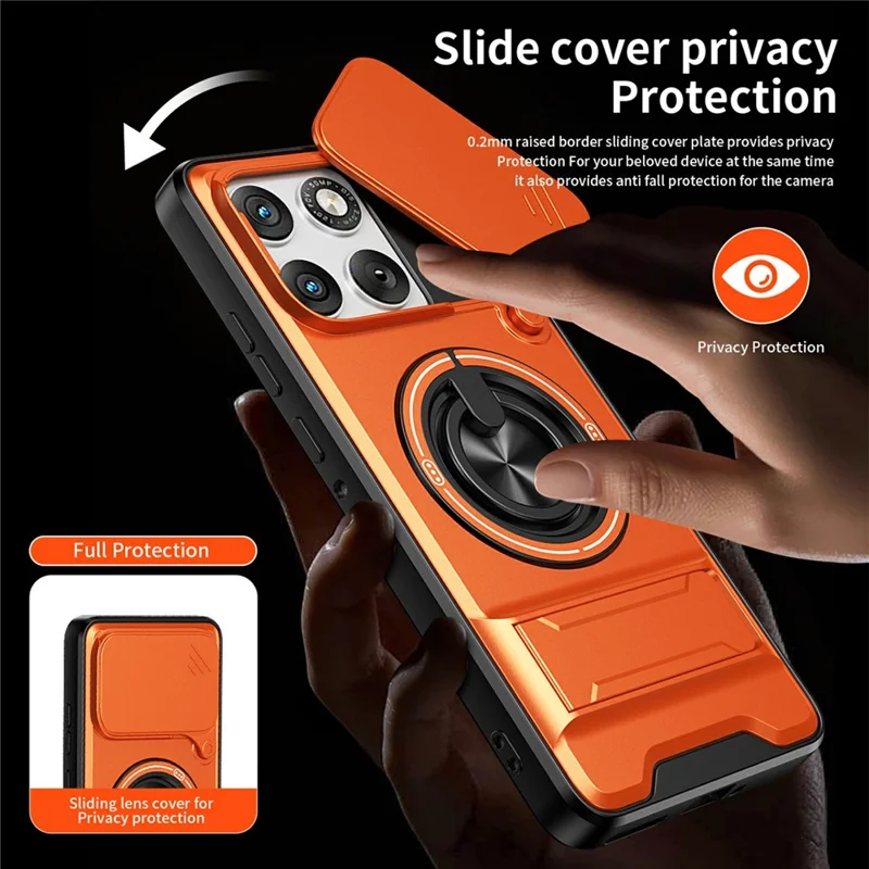 For Motorola Edge 70 5G Magnetic Case Ring Holder Foldable Kickstand TPU PC Phone Cover with Camera Lens Slider - Orange
