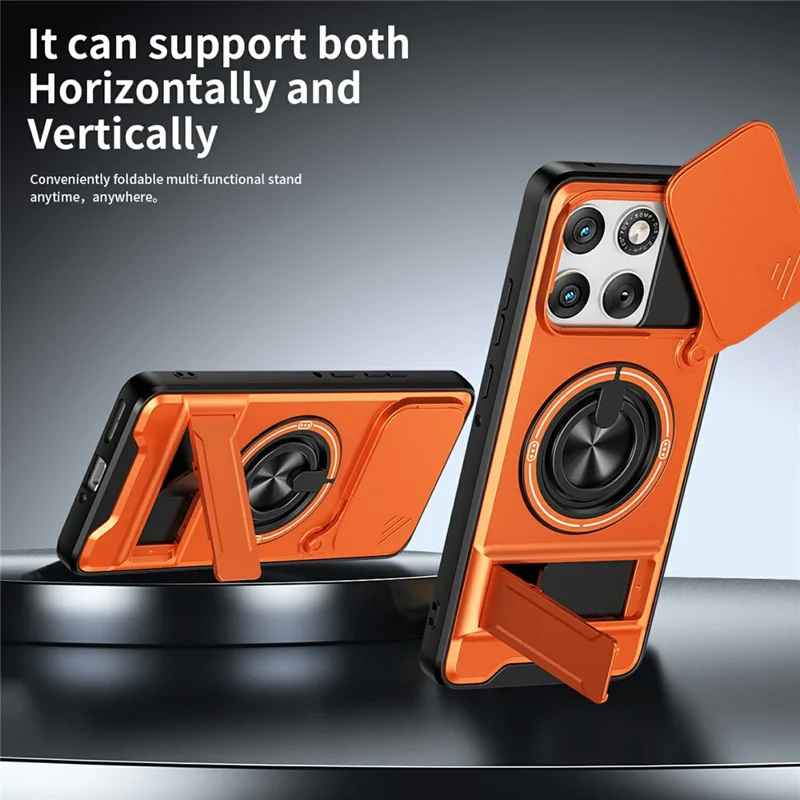 For Motorola Edge 70 5G Magnetic Case Ring Holder Foldable Kickstand TPU PC Phone Cover with Camera Lens Slider - Orange