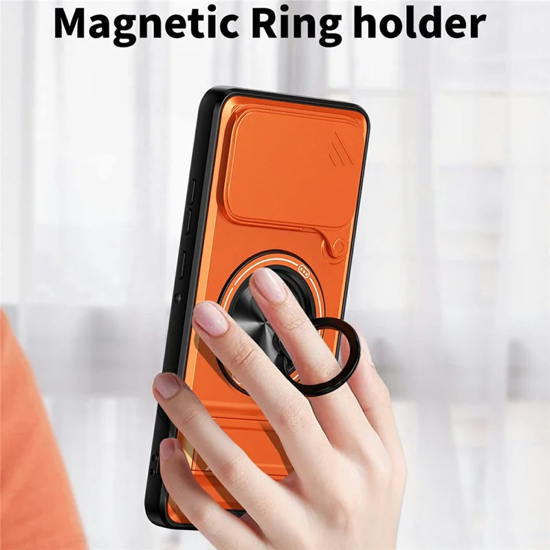 For Motorola Edge 70 5G Magnetic Case Ring Holder Foldable Kickstand TPU PC Phone Cover with Camera Lens Slider - Orange