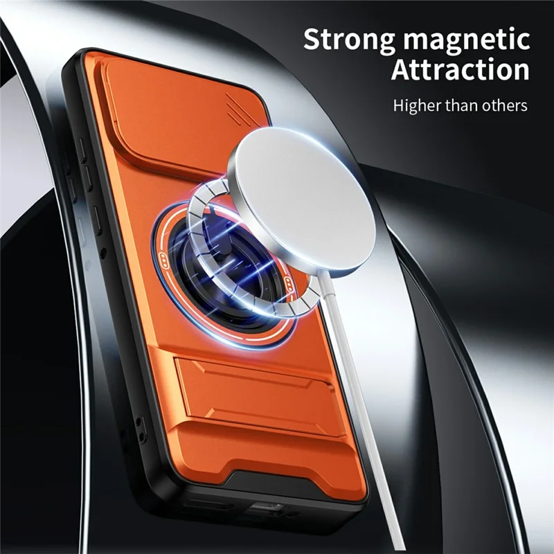 For Motorola Edge 70 5G Magnetic Case Ring Holder Foldable Kickstand TPU PC Phone Cover with Camera Lens Slider - Orange