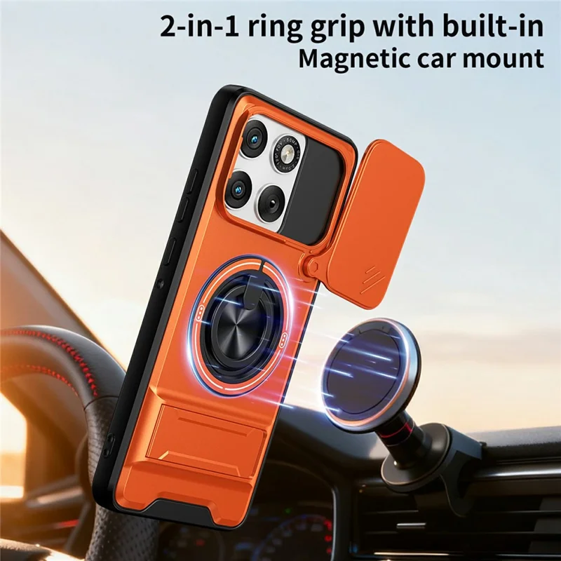 For Motorola Edge 70 5G Magnetic Case Ring Holder Foldable Kickstand TPU PC Phone Cover with Camera Lens Slider - Orange