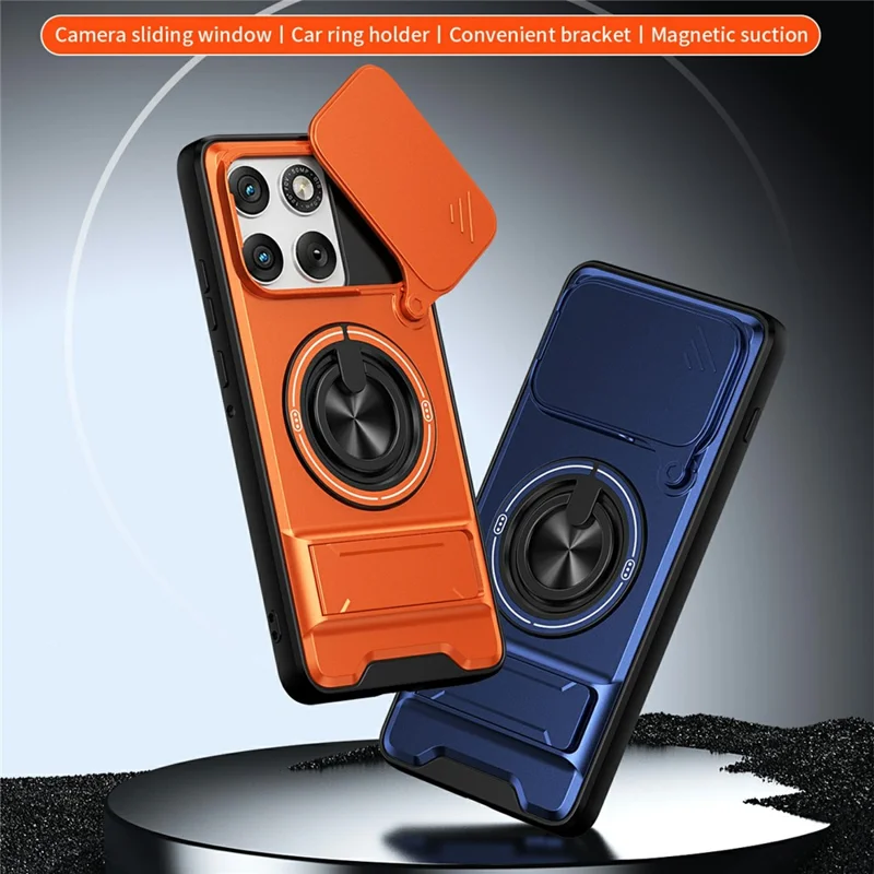 For Motorola Edge 70 5G Magnetic Case Ring Holder Foldable Kickstand TPU PC Phone Cover with Camera Lens Slider - Orange