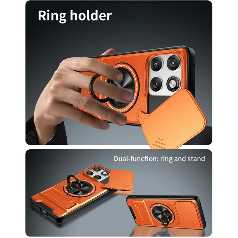 For Motorola Edge 70 5G Magnetic Case Ring Holder Foldable Kickstand TPU PC Phone Cover with Camera Lens Slider - Orange