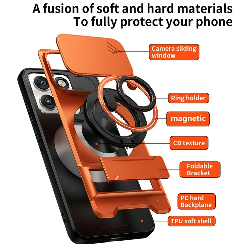 For Motorola Edge 70 5G Magnetic Case Ring Holder Foldable Kickstand TPU PC Phone Cover with Camera Lens Slider - Orange