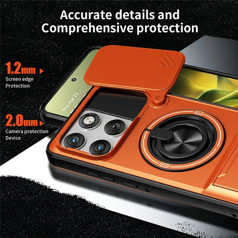 For Motorola Edge 70 5G Magnetic Case Ring Holder Foldable Kickstand TPU PC Phone Cover with Camera Lens Slider - Orange