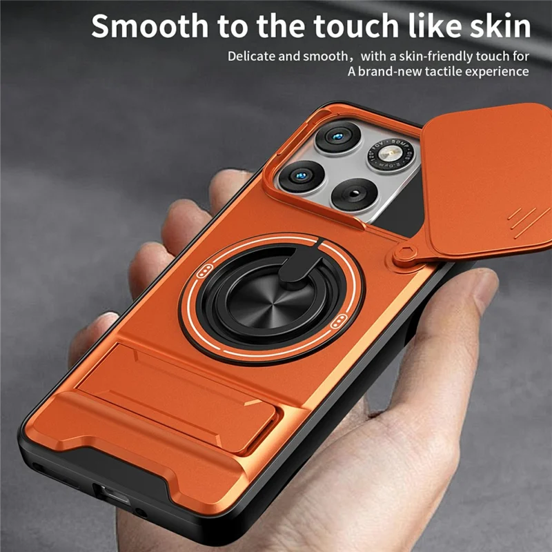 For Motorola Edge 70 5G Magnetic Case Ring Holder Foldable Kickstand TPU PC Phone Cover with Camera Lens Slider - Orange