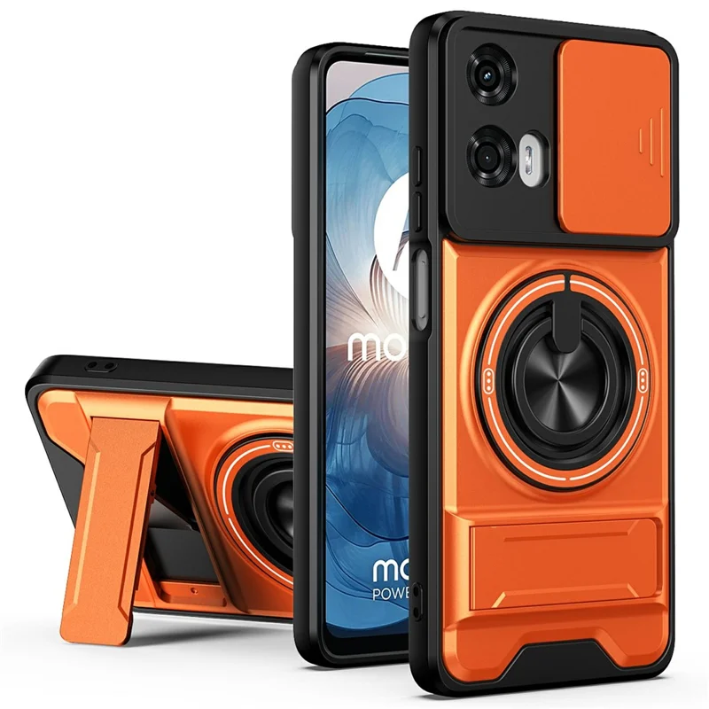 For Motorola Moto G24 4G Magnetic Case Ring Holder Foldable Kickstand TPU PC Phone Cover with Camera Lens Slider - Orange