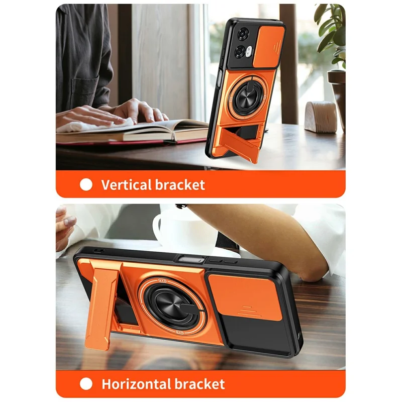 For Motorola Moto G24 4G Magnetic Case Ring Holder Foldable Kickstand TPU PC Phone Cover with Camera Lens Slider - Orange