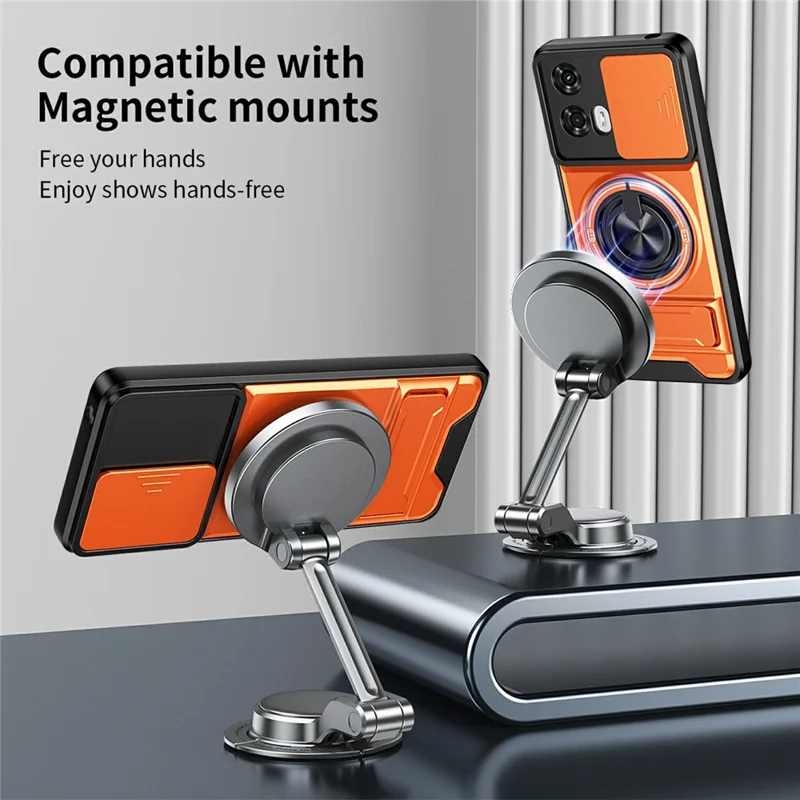 For Motorola Moto G24 4G Magnetic Case Ring Holder Foldable Kickstand TPU PC Phone Cover with Camera Lens Slider - Orange