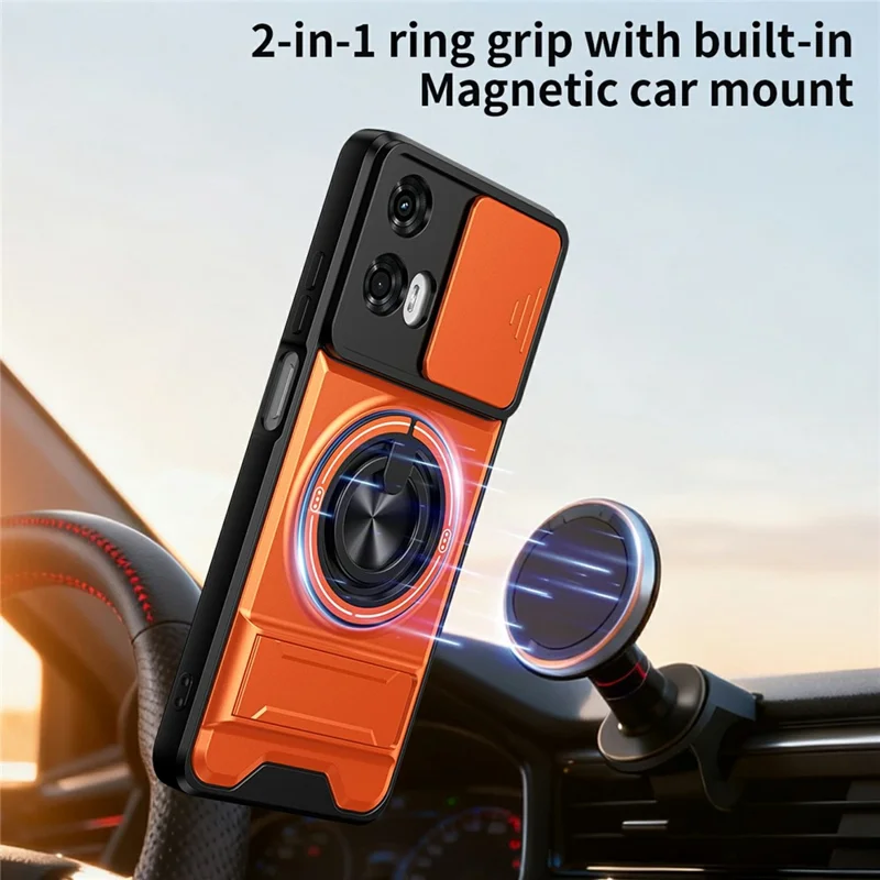 For Motorola Moto G24 4G Magnetic Case Ring Holder Foldable Kickstand TPU PC Phone Cover with Camera Lens Slider - Orange