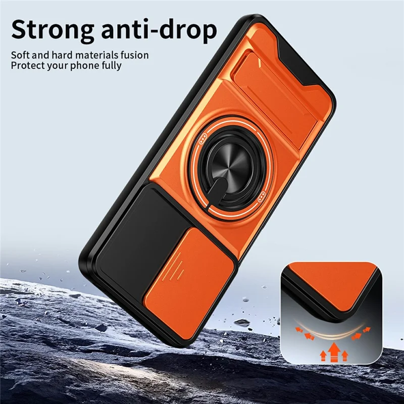 For Motorola Moto G24 4G Magnetic Case Ring Holder Foldable Kickstand TPU PC Phone Cover with Camera Lens Slider - Orange