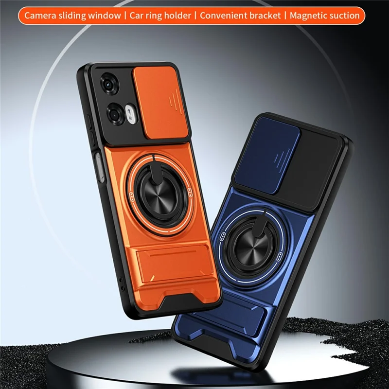 For Motorola Moto G24 4G Magnetic Case Ring Holder Foldable Kickstand TPU PC Phone Cover with Camera Lens Slider - Orange
