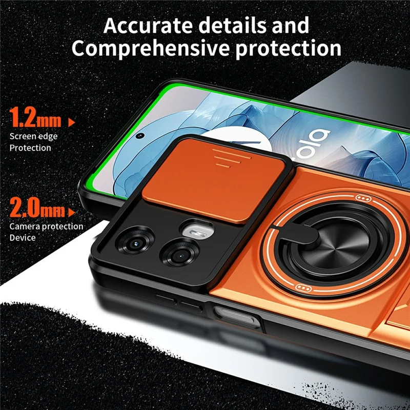 For Motorola Moto G24 4G Magnetic Case Ring Holder Foldable Kickstand TPU PC Phone Cover with Camera Lens Slider - Orange