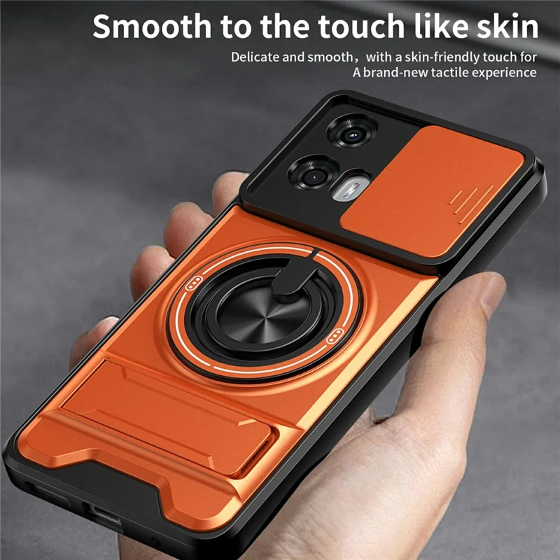 For Motorola Moto G24 4G Magnetic Case Ring Holder Foldable Kickstand TPU PC Phone Cover with Camera Lens Slider - Orange