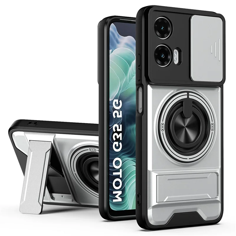 For Motorola Moto G35 5G Magnetic Case Ring Holder Foldable Kickstand TPU PC Phone Cover with Camera Lens Slider - Silver