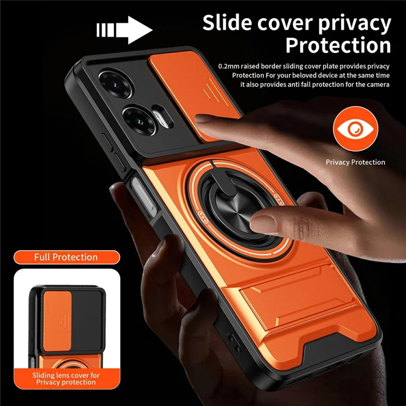 For Motorola Moto G35 5G Magnetic Case Ring Holder Foldable Kickstand TPU PC Phone Cover with Camera Lens Slider - Silver