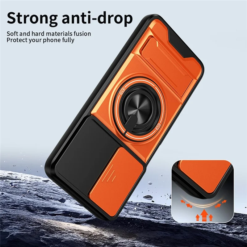 For Motorola Moto G35 5G Magnetic Case Ring Holder Foldable Kickstand TPU PC Phone Cover with Camera Lens Slider - Silver