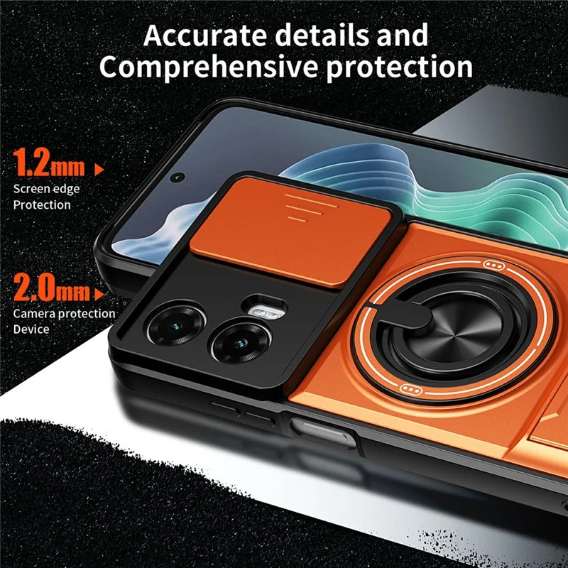 For Motorola Moto G35 5G Magnetic Case Ring Holder Foldable Kickstand TPU PC Phone Cover with Camera Lens Slider - Silver