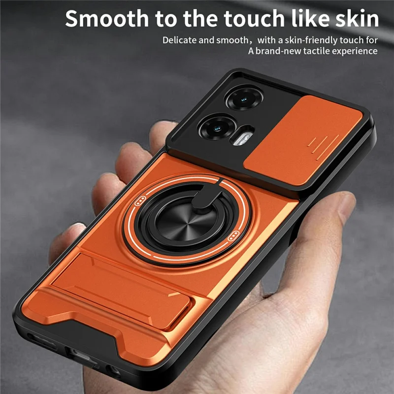 For Motorola Moto G35 5G Magnetic Case Ring Holder Foldable Kickstand TPU PC Phone Cover with Camera Lens Slider - Silver