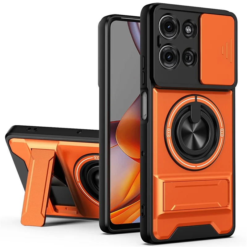 For Motorola Moto G75 5G Magnetic Case Ring Holder Foldable Kickstand TPU PC Phone Cover with Camera Lens Slider - Orange