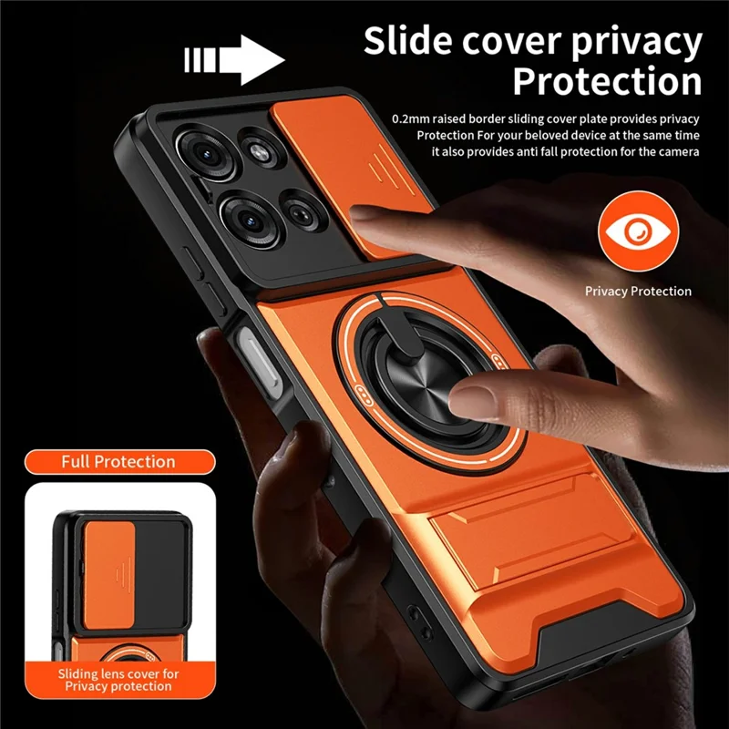 For Motorola Moto G75 5G Magnetic Case Ring Holder Foldable Kickstand TPU PC Phone Cover with Camera Lens Slider - Orange