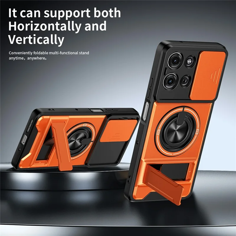 For Motorola Moto G75 5G Magnetic Case Ring Holder Foldable Kickstand TPU PC Phone Cover with Camera Lens Slider - Orange