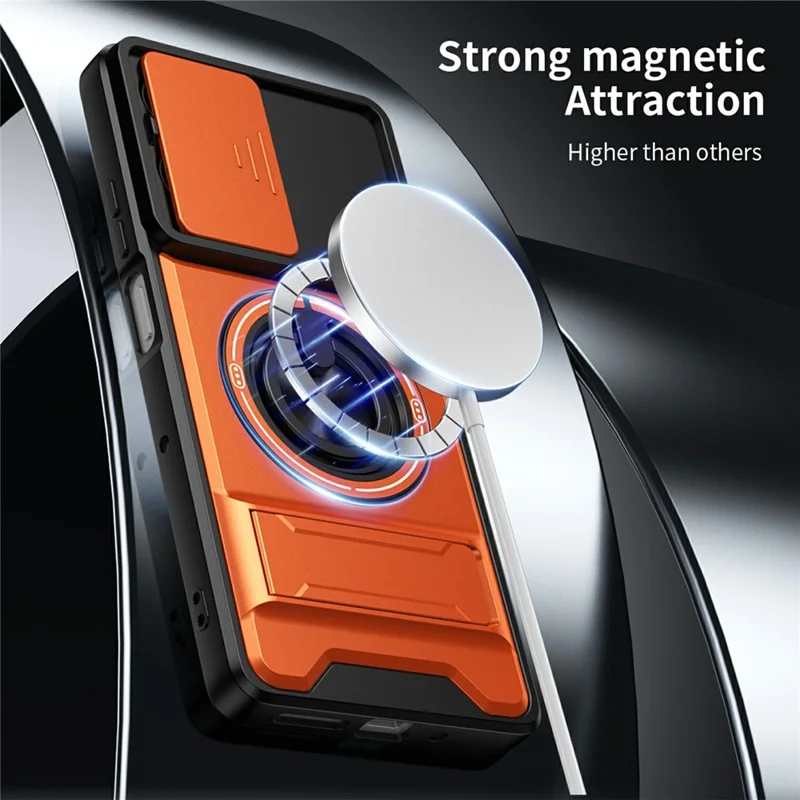 For Motorola Moto G75 5G Magnetic Case Ring Holder Foldable Kickstand TPU PC Phone Cover with Camera Lens Slider - Orange