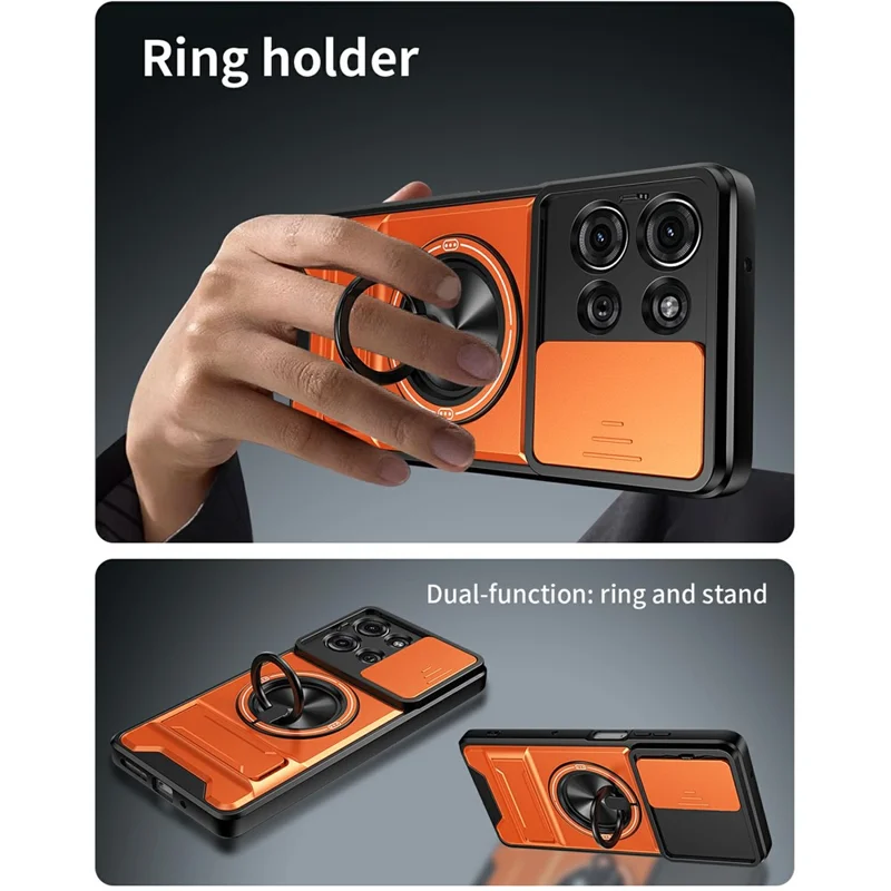 For Motorola Moto G75 5G Magnetic Case Ring Holder Foldable Kickstand TPU PC Phone Cover with Camera Lens Slider - Orange