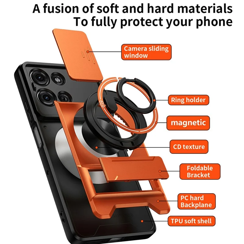 For Motorola Moto G75 5G Magnetic Case Ring Holder Foldable Kickstand TPU PC Phone Cover with Camera Lens Slider - Orange