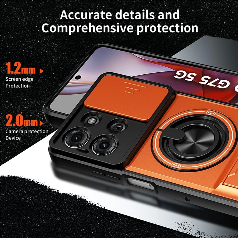 For Motorola Moto G75 5G Magnetic Case Ring Holder Foldable Kickstand TPU PC Phone Cover with Camera Lens Slider - Orange