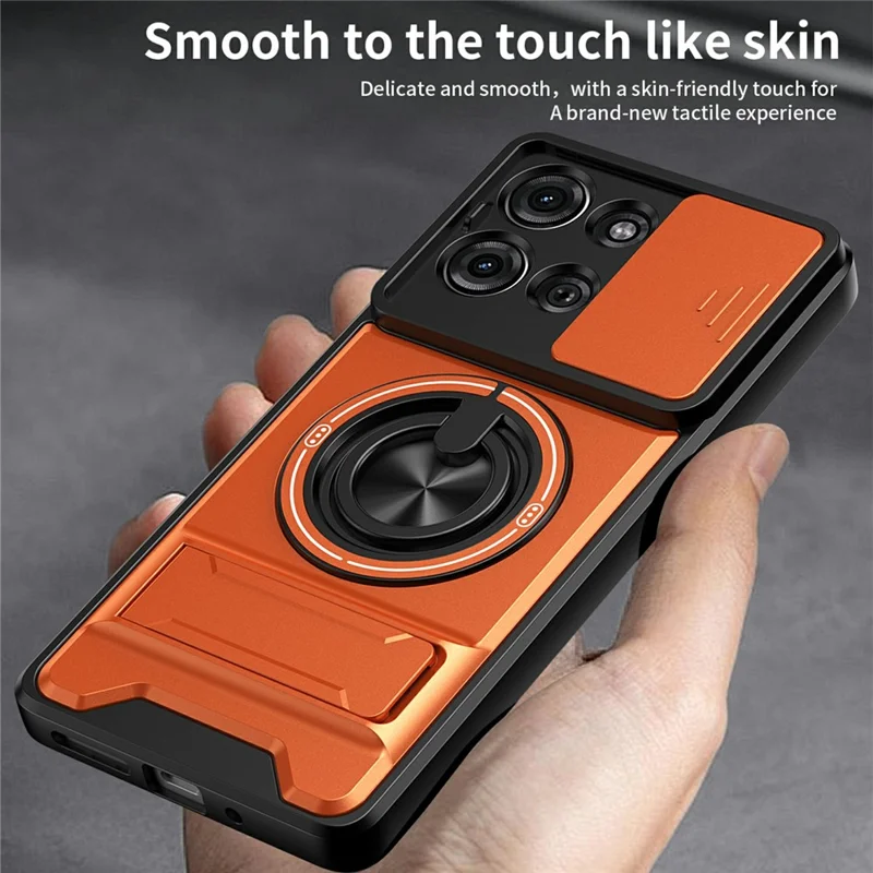 For Motorola Moto G75 5G Magnetic Case Ring Holder Foldable Kickstand TPU PC Phone Cover with Camera Lens Slider - Orange