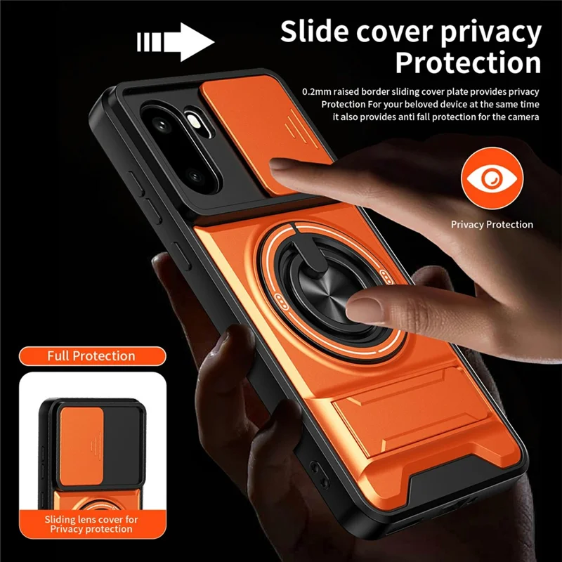For OnePlus 15R 5G Magnetic Case Ring Holder Foldable Kickstand TPU PC Phone Cover with Camera Lens Slider - Orange