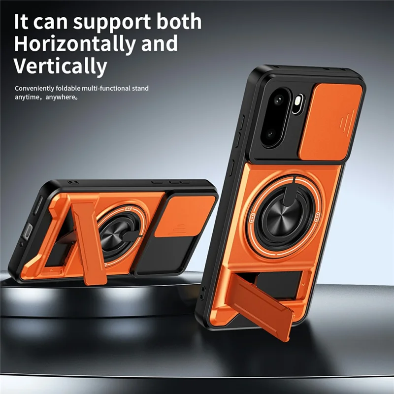 For OnePlus 15R 5G Magnetic Case Ring Holder Foldable Kickstand TPU PC Phone Cover with Camera Lens Slider - Orange