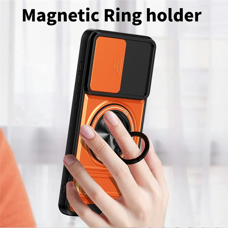 For OnePlus 15R 5G Magnetic Case Ring Holder Foldable Kickstand TPU PC Phone Cover with Camera Lens Slider - Orange