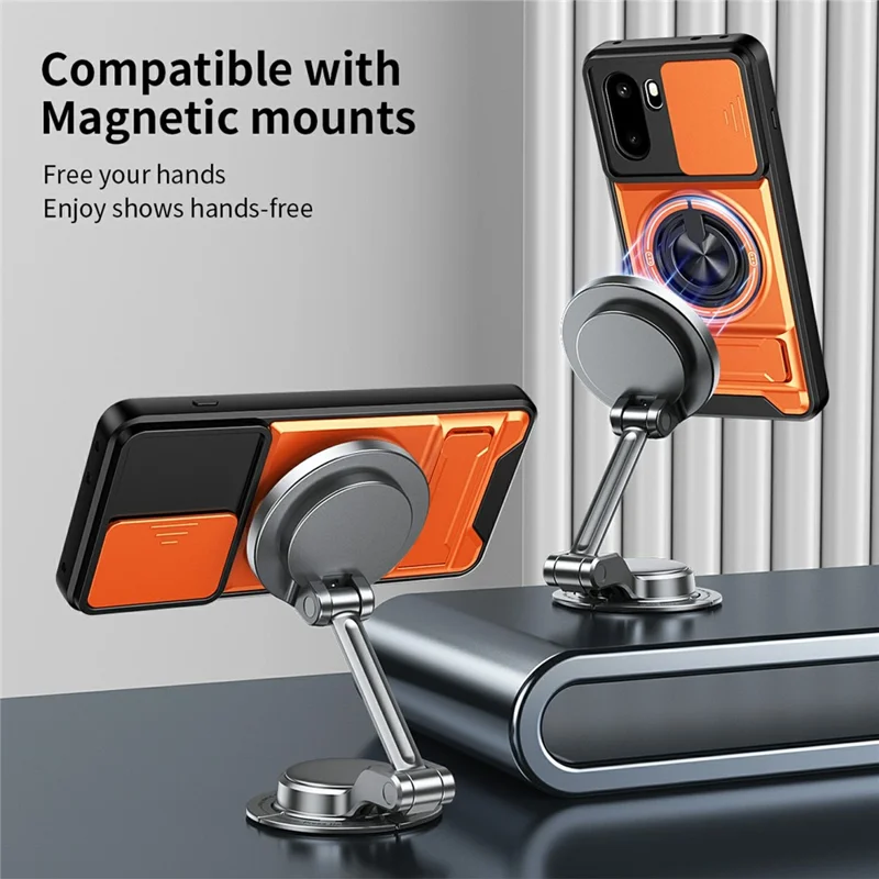 For OnePlus 15R 5G Magnetic Case Ring Holder Foldable Kickstand TPU PC Phone Cover with Camera Lens Slider - Orange