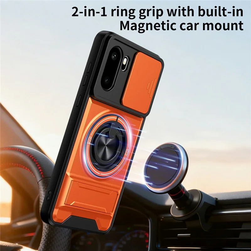 For OnePlus 15R 5G Magnetic Case Ring Holder Foldable Kickstand TPU PC Phone Cover with Camera Lens Slider - Orange