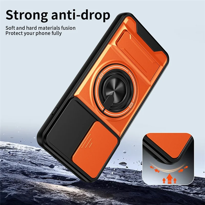 For OnePlus 15R 5G Magnetic Case Ring Holder Foldable Kickstand TPU PC Phone Cover with Camera Lens Slider - Orange