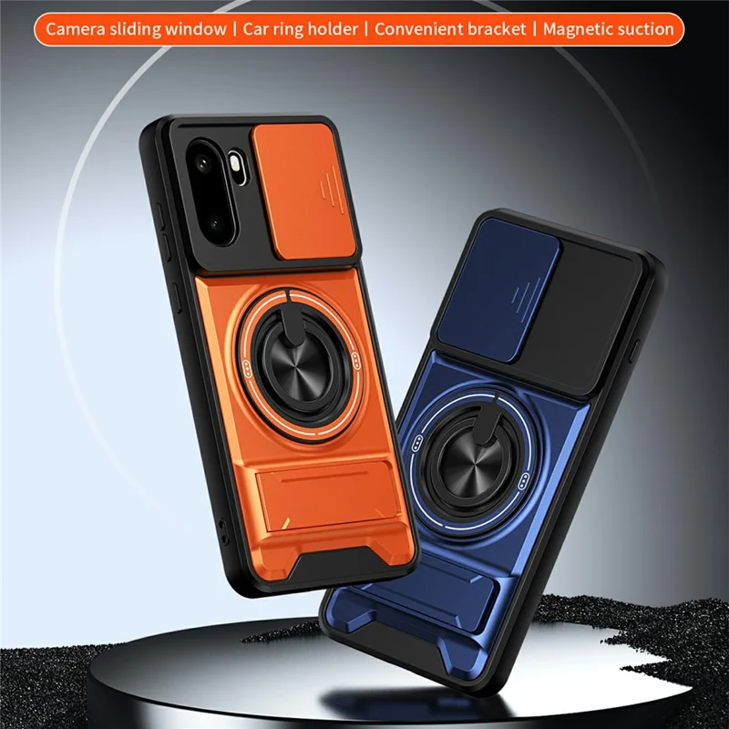 For OnePlus 15R 5G Magnetic Case Ring Holder Foldable Kickstand TPU PC Phone Cover with Camera Lens Slider - Orange