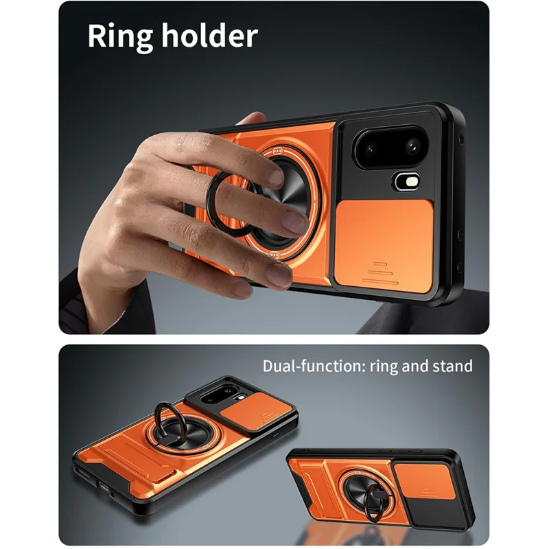 For OnePlus 15R 5G Magnetic Case Ring Holder Foldable Kickstand TPU PC Phone Cover with Camera Lens Slider - Orange