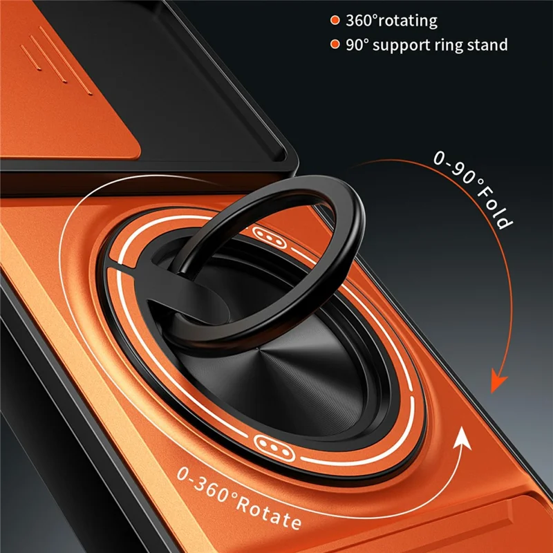 For OnePlus 15R 5G Magnetic Case Ring Holder Foldable Kickstand TPU PC Phone Cover with Camera Lens Slider - Orange