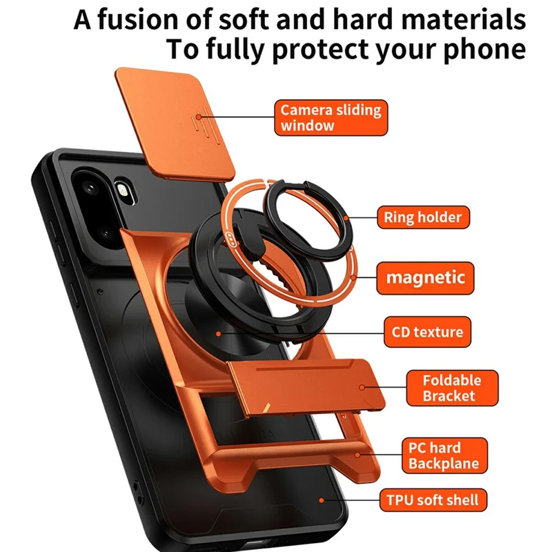 For OnePlus 15R 5G Magnetic Case Ring Holder Foldable Kickstand TPU PC Phone Cover with Camera Lens Slider - Orange