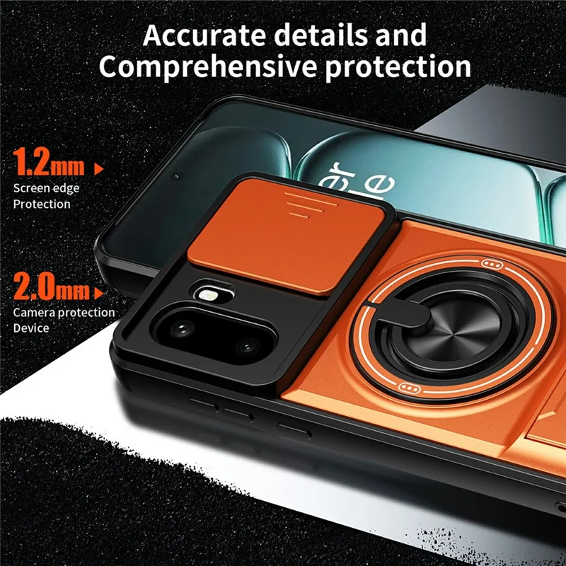 For OnePlus 15R 5G Magnetic Case Ring Holder Foldable Kickstand TPU PC Phone Cover with Camera Lens Slider - Orange