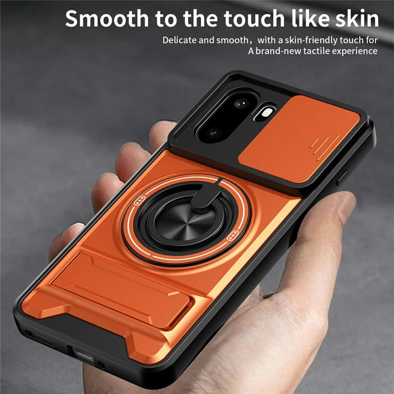For OnePlus 15R 5G Magnetic Case Ring Holder Foldable Kickstand TPU PC Phone Cover with Camera Lens Slider - Orange