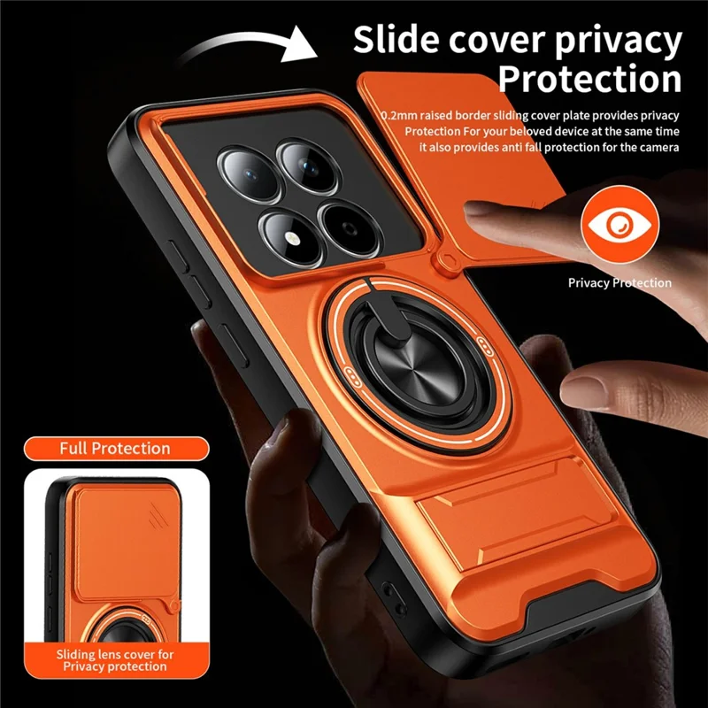 For Xiaomi Redmi Note 15 Pro 5G (Global) Magnetic Case Ring Holder Foldable Kickstand TPU PC Phone Cover with Camera Lens Slider - Orange