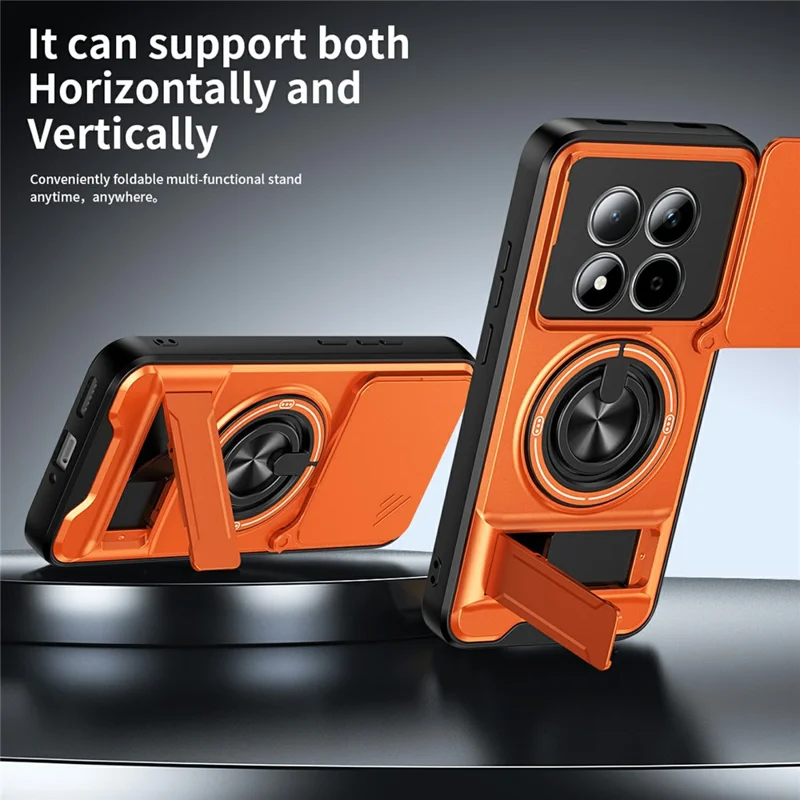 For Xiaomi Redmi Note 15 Pro 5G (Global) Magnetic Case Ring Holder Foldable Kickstand TPU PC Phone Cover with Camera Lens Slider - Orange