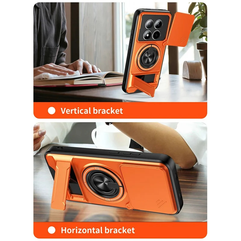 For Xiaomi Redmi Note 15 Pro 5G (Global) Magnetic Case Ring Holder Foldable Kickstand TPU PC Phone Cover with Camera Lens Slider - Orange