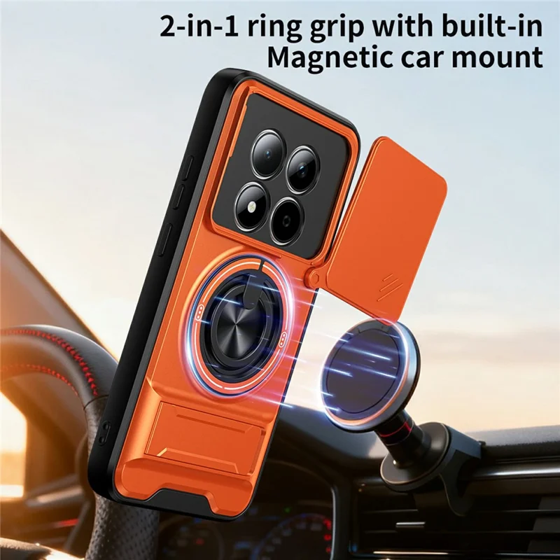 For Xiaomi Redmi Note 15 Pro 5G (Global) Magnetic Case Ring Holder Foldable Kickstand TPU PC Phone Cover with Camera Lens Slider - Orange